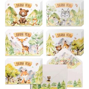 VNS Creations 50 Woodland Animal Thank You Cards, Bulk Forest & Mountain Creatures Thank You Notes w/Matching Lined Envelopes & Stickers, 4 x 6 in.