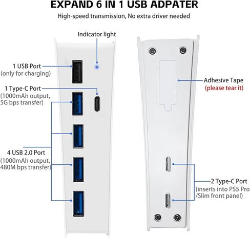 موزع USB بـ 5 منافذ لجهاز PS5، محول مقسم شاحن Megadream عالي السرعة مع 4 USB + 1 منفذ شحن USB + 1 منفذ من النوع C، متوافق مع وحدة تحكم ألعاب Playstation 5 Dualsence in Kuwait
