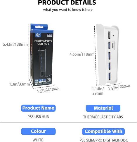 موزع USB بـ 5 منافذ لجهاز PS5، محول مقسم شاحن Megadream عالي السرعة مع 4 USB + 1 منفذ شحن USB + 1 منفذ من النوع C، متوافق مع وحدة تحكم ألعاب Playstation 5 Dualsence in Kuwait