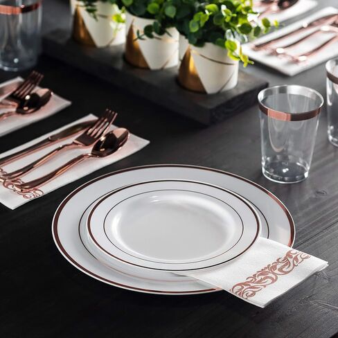 Munfix 100 Piece Plastic Party Plates White Gold Rim, 50 Premium Heavy Duty 10.25 Inch Dinner Plates and 50 Disposable 7.5 Inch Dessert Appetizer Elegant Fancy Heavy Duty Wedding Plates in Saudi Arabia