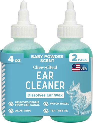 محلول منظف للأذن للقطط والكلاب من Chew + Heal - قطارة 118 مل - قطرات غسيل أذن الحيوانات الأليفة لمنع العدوى وإزالة الحطام - الصبار المهدئ والبندق الساحر وزيت شجرة الشاي in Kuwait