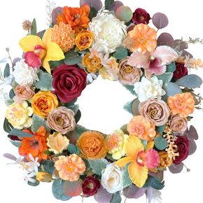 Fall Flower Wreath for Front Door, 20 Inch Orchid Peony Roses Floral Door Wreath, Eucalyptus Lamb Ears Leaves Indoor Outdoor Wreath
