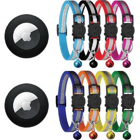 Pack of 10 Airtag Cat Collar Holder Breakaway, 8 Colors Cat Collar Reflective with Bells & 2 Waterproof Airtag Holder for Cat Collar, Adjustable 6 inch to 13 inches