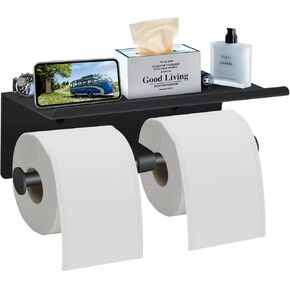 Bjiotun Toilet Paper Holder with Shelf Wall Mounted Toilet Paper Storage, Double Roll Tissue Holder Dispenser Bathroom Toilet Paper Holder (Matte Black)