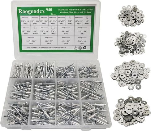 940Pcs Black Rivets with Washer,14 Sizes Pop Rivets Assortment Kit,Blind Aluminum Rivets Kits,3/32" 1/8" 5/32" 3/16" Blind Rivets for Metal Dome Head Rivet kit in Saudi Arabia