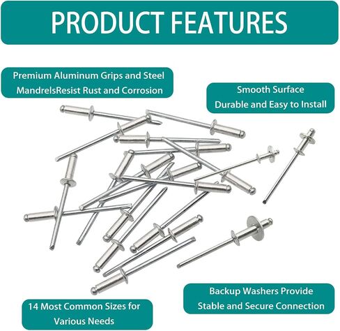 940Pcs Black Rivets with Washer,14 Sizes Pop Rivets Assortment Kit,Blind Aluminum Rivets Kits,3/32" 1/8" 5/32" 3/16" Blind Rivets for Metal Dome Head Rivet kit in Saudi Arabia