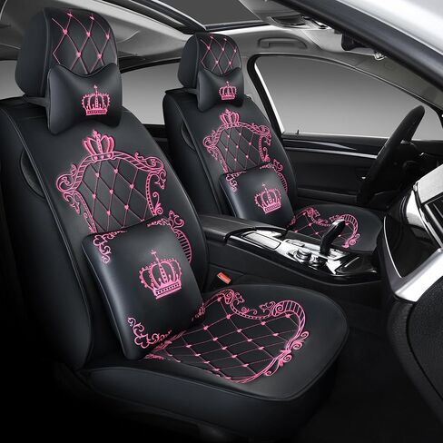Skysep Crown Full Set Universal Fit 5 Seats Car Surrounded Waterproof Leather Car Seat Covers Protector Adjustable Removable Auto Seat Cushions with 2 Waist Pillows 2 Headrest Pillows (Black-White) in Saudi Arabia