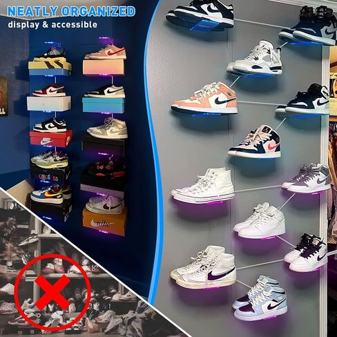 شاشة عرض أحذية عائمة LED من OAPRIRE مكونة من 6 قطع مع أجهزة تحكم عن بعد وتطبيقات، ورف أحذية متغير اللون لمزامنة الموسيقى للجدار، ورف أحذية معلق متغير اللون RGB، وعرض حذائك العلوي in Kuwait
