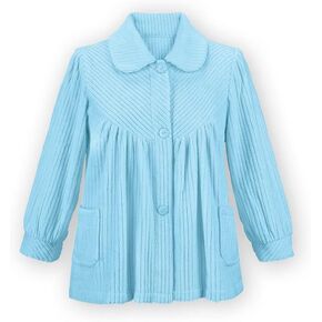 Collections Etc Women's Soft Fleece Full-Button Front Bed Jacket with Pockets Light Blue Small