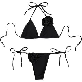 Falainetee Women's Floral Appliques Cute Bathing Suit High Waisted Triangle Tie Side Swimsuit Bikini Set