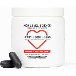 High Level Omega 3, COQ10 & Vitamin E, Heart, Body, Mind Support with Fish Oil, Coenzyme Q10, Beeswax & Glycerin, Dietary Supplement for Men & Women, Salt, Yeast & Gluten Free, 60 Black Softgels