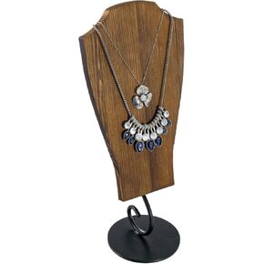 MyGift Vintage Style Necklace Stand with Rustic Burnt Solid Wood Neck Form and Matte Black Metal Scrollwork Design, Tabletop Jewelry Holder Rack for Home or Retail Display
