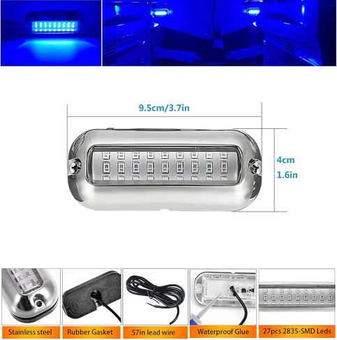 قطعتان من ضوء القارب LED البحري، IP68 مقاوم للماء 27 LED أضواء سطح داخلية للقارب، ضوء LED للقارب العائم، ضوء الملاحة الصارم، ضوء مقطورة القارب، 1200LM، 10-24 فولت (أزرق) in Kuwait