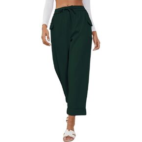 YKR Ankle Cropped Pants for Women Casual Straight Leg Drawstring Elastic Waist Tapered Pants(Black, S)