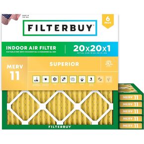 Filterbuy 20x20x1 Air Filter MERV 11 Allergen Defense (6-Pack), Pleated HVAC AC Furnace Air Filters Replacement (Actual Size: 19.50 x 19.50 x 0.75 Inches)