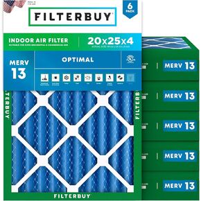 Filterbuy 20x25x4 Air Filter MERV 13 Optimal Defense (6-Pack), Pleated HVAC AC Furnace Air Filters Replacement (Actual Size: 19.38 x 24.38 x 3.63 Inches)