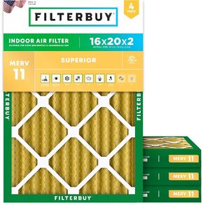 Filterbuy 16x20x2 Air Filter MERV 11 Allergen Defense (4-Pack), Pleated HVAC AC Furnace Air Filters Replacement (Actual Size: 15.50 x 19.50 x 1.75 Inches)