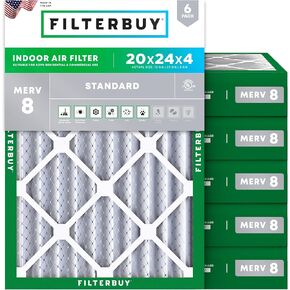 Filterbuy 20x24x4 Air Filter MERV 8 Dust Defense (6-Pack), Pleated HVAC AC Furnace Air Filters Replacement (Actual Size: 19.38 x 23.38 x 3.63 Inches)
