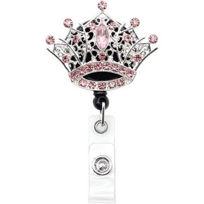Crystal Rhinestone Crown Retractable ID Badge Name Card Holder Reel for Nurse