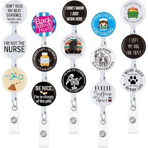 Gueevin 15 Pack Funny Badge Holder Retractable Reel Nurse Quote ID Clip Cute Nursing for Doctor Teacher Student Employee Office Medical Work Supplies