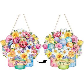 Easter Decoration Wood Spring Door Wall Signs Double-sided Printing, Mason Jar Wooden Wreaths Front Door Sign Egg Flower Ornaments Hanging Crafts for Spring Home Farmhouse Party Porch Wall Decor