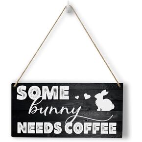 HTBIG Rustic Bunny Coffee Sign Wood Wall Art Wall Hanging Decor Funny Coffee Gifts Easter Gift Wooden Decorative Plaque Sign for Coffee Bar Home Farmhouse Kitchen Some Bunny Needs Coffee Sign