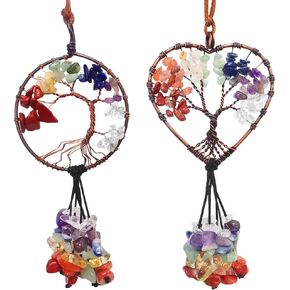 2 Pcs Tree of Life Car Mirror Hanging Accessories, AFUNTA 7 Chakra Crystals and Healing Stones Seven-Colored Stone Car Ornaments Good Luck Wall Decor