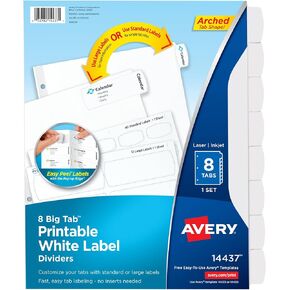 Avery Big Tab Printable White Label Dividers with Easy Peel, 8 Tabs, 1 Set (14437)