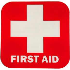 Red First Aid Sticker 4 Pack, 3.5 x 3.5 Inches Self Adhesive First Aid Decal Emergency for Box Package,Water Resistant Heavy Duty for Car Office Business and Indoor Outdoor (4-Pack) Red
