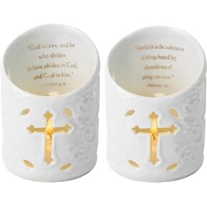 Dreamseden Set of 2 Ceramic Christian Cross Tealight Candle Holder with Bible Verses Include Flickering LED Flameless Tea Light Candles for Wedding and Home Decor