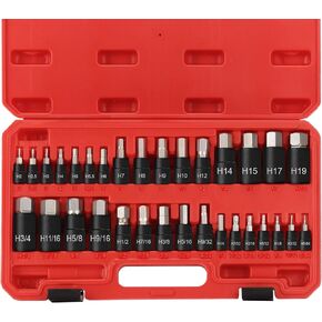 Hex Impact Bit Socket Set, 32-Piece Allen Socket Set SAE and Metric 1/4" 3/8" 1/2" Drives, S2 Alloy Steel and CR-V Bit Sockets