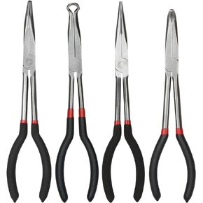 Long Needle Nose Pliers Set, 4 in 1 Bent Needle Nose Pliers 90 Degree, 11 inch Spark Plug Wire Removal Tool, Pointy Nose Pliers, Pinch Nose Pliers, Snipe Nose Pliers, Curved Nose Pliers
