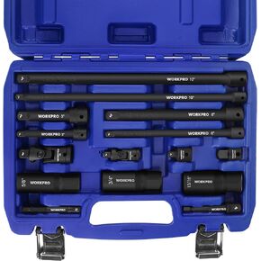WORKPRO 15-Piece Drive Tool Accessory Set, Includes Socket Adapter Extension Set, Socket Extension Bar, Swivel Universal Joints and Spark Plug Socket Set, 1/4" & 3/8" Drive