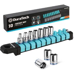 DURATECH 1/4" Drive Socket Set, Metric Socket Set 10PCS, Mechanic Metric Socket Sets with Storage Rack, 6-Point Shallow Socket Set, 4mm, 5mm, 6mm, 7mm, 8mm, 9mm, 10mm, 11mm, 12mm, 13mm