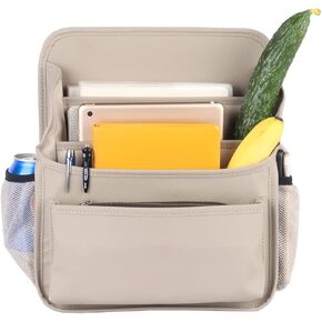 Front Seat Organizer Car Upholstery Leather Passenger Seat Storage Bag Large Durable Car Organizer with Adjustable Strap Multiple Compartments Mesh Bags Cup Holders (beige)