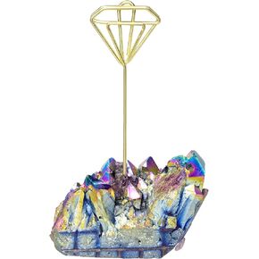 SUNYIK Titanium Coated Crystal Stone Cluster Memo Holder for Desk, Memo Note Photo Table Number Card Holder Clip Stand for Wedding Home Office Desk, Round