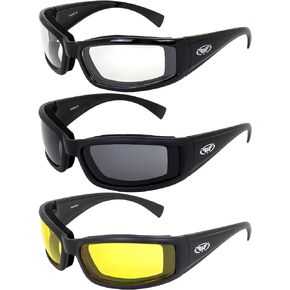 Global Vision StrayCat Motorcycle Riding Glasses Sunglasses Anti-Fog 3-Pack Smoke Clear Yellow Lens for Day and Night Foam Padded UV Protection