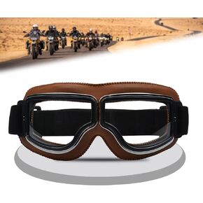 Motorcycle Goggles Vintage Pilot Style Anti Fog Leather Windproof Glasses Ridding ATV Off-Road Outdoor Sand Aviator Goggles for Men Women (Brown Frame, Grey Lens)