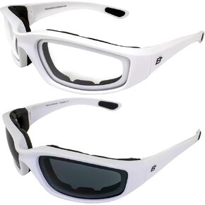 2 Pairs Birdz Oriole Padded Motorcycle Sunglasses Riding Glasses White Frame w/Smoke & Clear Lenses