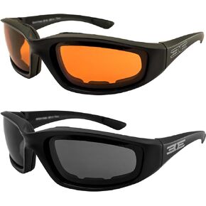 2 Pairs Epoch Foam Padded Motorcycle Sunglasses Black Frames 1 with Amber Lens and 1 with Smoke Lens