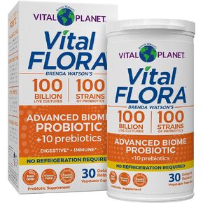 Vital Planet - Vital Flora Advanced Probiotic 100 Billion CFU, 100 Diverse Strains, 10 Organic Prebiotics, Immune Support, Digestive Health Shelf Stable Probiotics for Women and Men 30 Capsules