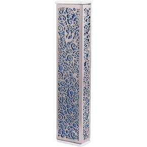 EMANUEL Yair Wide Mezuzah Case for Door | Lazer Cut Pomegranates Filigree Design (Blue MJ-2C)