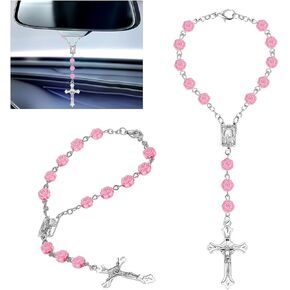 2PCS Car Rosary for Rearview Mirror, Black Rosary Pendant Car Interior Rear View Mirror Charm Auto Decors, Car Medal and Cross Personalized Hanging Accessories for Women Men (Black)