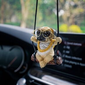 Pug Car Mirror Hanging Accessories Cute Swinging Dog Rear View Mirror Accessories for Men & Women (Golden Glasses)