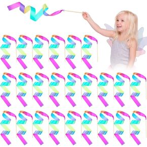 Mini Dance Ribbons for Kids Rainbow Streamer Wand Silk and Wood Rainbow Twirler Stick Long Twirling Dance Accessories Rhythmic Gymnastics Training Equipment for Artistic Dancing(12 Pcs)