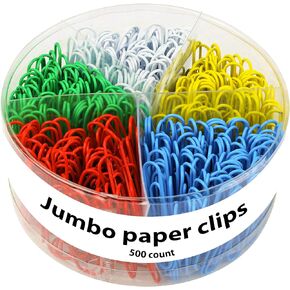 1InTheOffice Jumbo Paper Clip, Vinyl Coated Smooth Large Paper Clips "500 Pieces" (Assorted Brights)