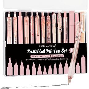 Four Candies 14Pack Pastel Gel Ink Pen Set,Cute Retractable 0.5mm Fine Point Pen,Note Taking Aesthetic Pens,12 Pack Black Ink Pens with 2Pack Highlighter, Smooth Writing Pens for School, Office (Pink)