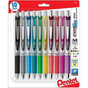 Pentel EnerGel 0.7 MM RTX Retractable Liquid Gel Pen, 10 Pack of New Assorted ink Colors, Metal Tip, Medium Line, Quick Dry No Smear