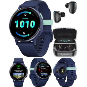 ساعة Garmin Vivoactive 5 للياقة البدنية GPS الذكية، شاشة AMOLED 1.2 بوصة، بطارية تصل إلى 11 يومًا، إطار من الألومنيوم باللون الأزرق الداكن مع حافظة باللون الأزرق الداكن مع حزمة سماعات أذن سوداء قابلة للارتداء 4U