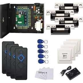 4 Doors Access Control Security Kits with North American ANSI Standard Strike Lock 110V Power Supply Box RFID Reader RFID Card & Key Fob TCP/IP Based Phone APP Remotely Open Door in Kuwait
